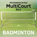 ProTennisAustria Multicourt 3-in-1 Netz: Tennisnetz, Volleyballnetz, Badmintonnetz | 3m x 80-130cm Premium Steel | Ideal für den Garten | Schneller Aufbau | Stabil für Garten, Park, Strand